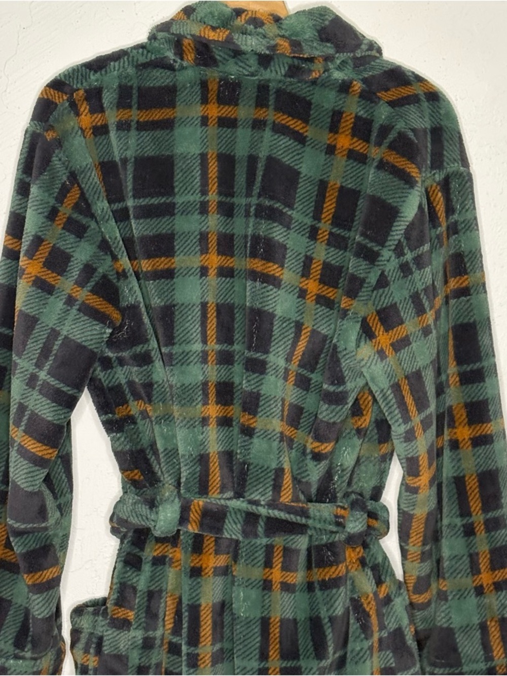 LL Bean Mens S Fleece Robe Green Plaid Shawl Collar Belted Plush Bathrobe Pocket - Picture 9 of 14